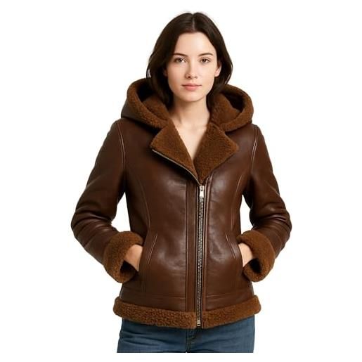 TRESSANO giacca da donna in pelle con cappuccio e fodera in pelliccia sintetica di montone, cappotto invernale in vera pelle con zip frontale e tasche, nero, large