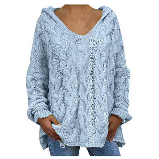 Generic maglione da donna a maglia grossa, con cappuccio, elegante, tinta unita, motivo a treccia, a maniche lunghe, con scollo a v, a maglia, azzurro, s