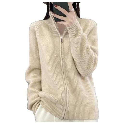 Hndudnff cardigan da donna in lana merino lavorato a maglia maglione casual dolcevita cerniera ispessimento cashmere giacca cappotto, marrone e grigio. , l