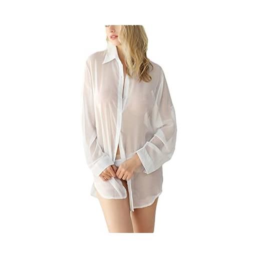 Haitpant camicetta sexy lingerie donna classica pulsante bianco camicia trasparente primavera estate chiffon nighty top, bianco, m