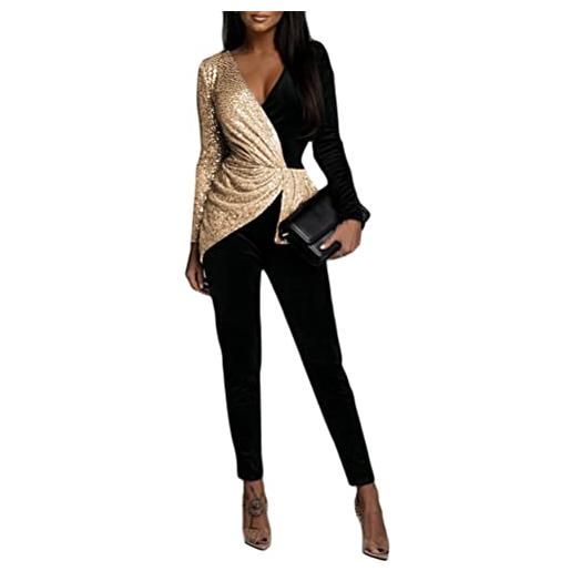 Yesgirl monopezzi e tutine da donna tuta lunga jumpsuit manica lunga scollo a rotondo elegante pantaloni lungo playsuit casual tinta unita tuta playsuit con cintura c nero l