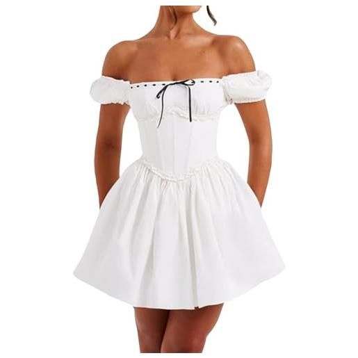 HzDazrl mini abito da donna con spalle scoperte e volant a maniche corte a sbuffo senza schienale a una linea abito retrò da festa corto e fluido, pizzo nero bianco, m