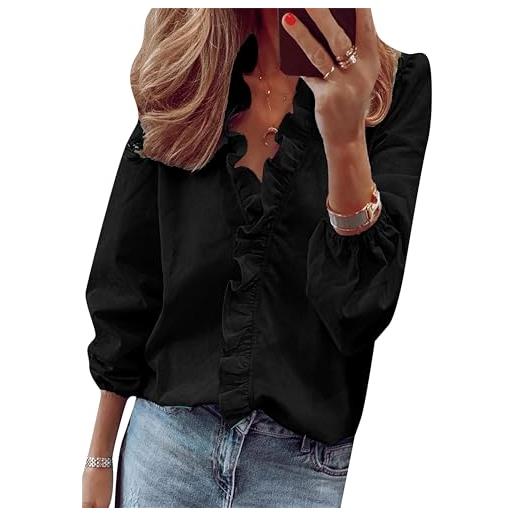 ZICUE donna bluse trendy a taglio largo scollo a v blusa in chiffon casual maniche lunghe t-shirt plissé nero s