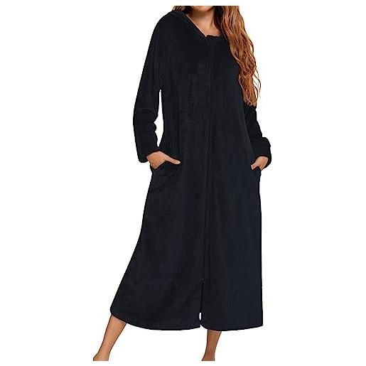 Generisch vestaglia calda da donna lunga con cappuccio, accappatoio con chiusura lampo, soffice e confortevole, in flanella, da notte, o nero. , l