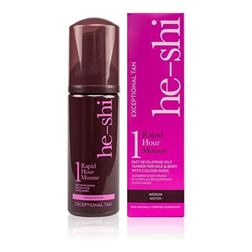 He-shi rapid 1 hour mousse instant schiuma autoabbronzante - formula per asciugatura rapida senza striature - abbronzatura vegana naturale con olio di avocado, abbronzatura artificiale per corpo e