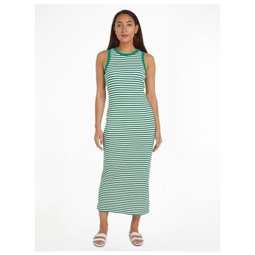 Tommy Hilfiger slim 5x2 str rib midi dress ns ww0ww41996 abito aderente, white (mini stp olympic green/white), s donna