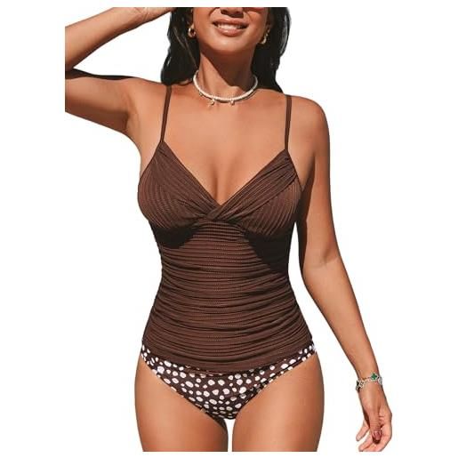 CUPSHE tankini da donna set due pezzi costume da bagno con scollo a v costume da bagno regolabile spalline sottili increspato vita media strutturato, marrone/bianco dot, xl