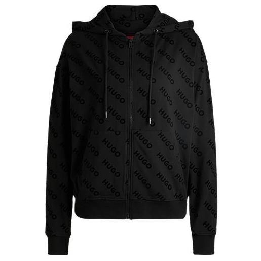 HUGO felpa in jersey con cappuccio, zip e loghi in stampa flock, nero a motivi