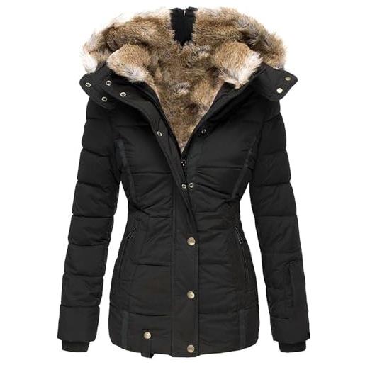 Suncadmious donna inverno elegante lungo piumino caldo inverno parka con cappuccio spesso giacca in pile caldo impermeabile foderato cappotto invernale (nero, l)