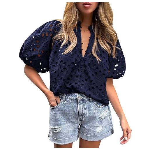 HENANSYF camicette da donna con ricami in pizzo, maniche a lanterna con scollo a v e bottoni, stile casual, estive, marina militare, s