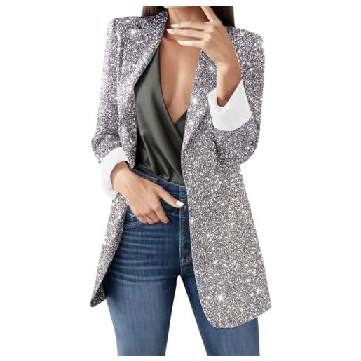 Duohropke blazer - giacca da donna con paillette, per feste, club, smoking blazer, a maniche lunghe, casual, elegante, casual, per feste, argento, s