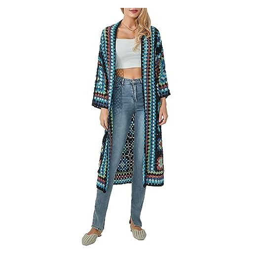 Dubute cardigan da donna boho a maniche lunghe, aperto sul davanti, maxi maglieria floreale all'uncinetto cappotto sottile quadrato, a-lake blue, taglia unica