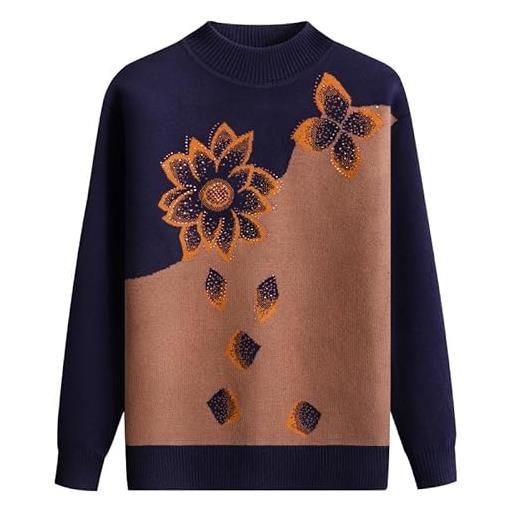 YONGHONGKEJI maglioni da vecchia signora per donna maglieria fodera in pile strass retrò floreale jacquard maglione in velluto di mezza età e anziana girocollo maniche lunghe vestiti da nonna rosa