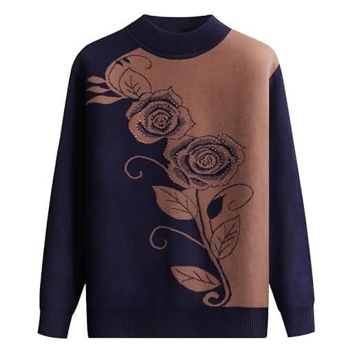 YONGHONGKEJI maglioni da vecchia signora per donna maglieria fodera in pile strass retrò floreale jacquard maglione in velluto di mezza età e anziana girocollo maniche lunghe vestiti da nonna gira