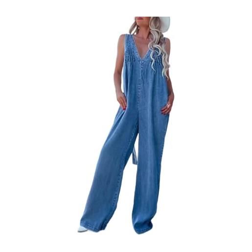 SaiDeng salopette da donna in denim, con tasche, schiena scoperta e senza maniche, con scollo a v, in cotone, oversize, look baggy, blu jeans, s