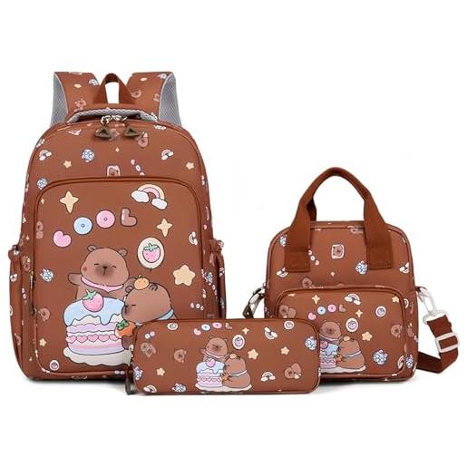 Dujuanus zaino capibara, simpatico zaino kawaii, set da 3 pezzi con borsa per il pranzo e astuccio, divertente borsa da viaggio per laptop con motivo a cartoni animati. (brown)