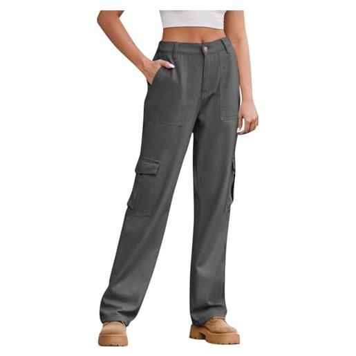 ABLYTMIAQ pantaloni da donna cargo jeans casual gamba dritta pantaloni in denim con tasche con patta alla moda posteriore elastico a vita alta pantaloni da lavoro uk pantaloni da donna, grigio, xxl