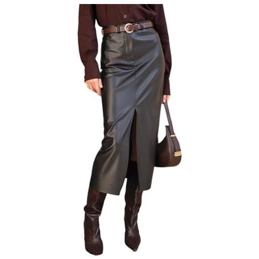 THLAI gonna lunga da donna in finta pelle, a vita alta, con spacco, stile retrò, senza cintura, nero, s