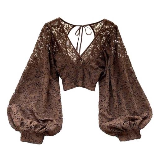 Generisch camicetta alla moda senza schiena in pizzo trasparente da donna dal taglio sottile, top corto con dettagli a legatura, perfetta per l'autunno. Camicia lunga bianca versatile ed elegante, caffè, taglia