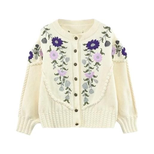 REHJJDFD cardigan lavorato a maglia con ricamo floreale da donna o-collo in lana di cachemire maglieria cappotto maglione, bianco crema, s