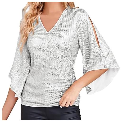 Yekdmxop blusa donna elegante con paillettes taglie forti scollo a v maglia strass sera camicia argento manica lunga tops curvy brillantini maglietta capodanno glitter oro magliette natale t shirt