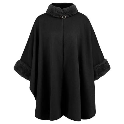 Uqezagpa poncho da donna invernale caldo mantello con bordo peloso aperto davanti cardigan oversize maglione sciolto mantello scialle avvolgere outwear giacche eleganti all'aperto, nero , taglia unica