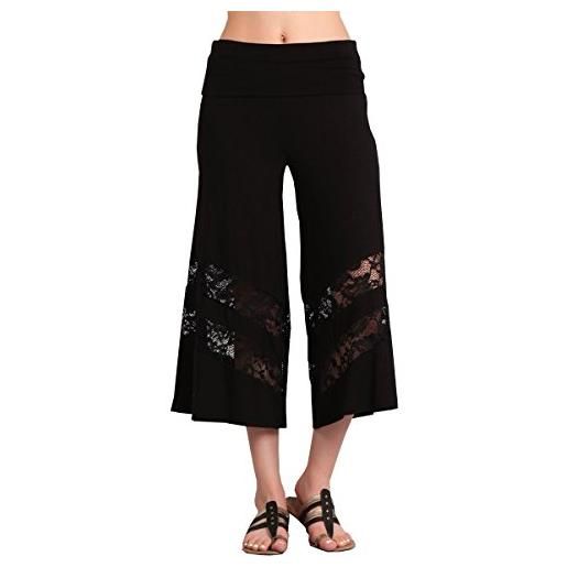 HEYHUN pantaloni da donna in tinta unita tie dye a gamba larga svasati capri boho gaucho con dettaglio in pizzo, nero. , 3xl
