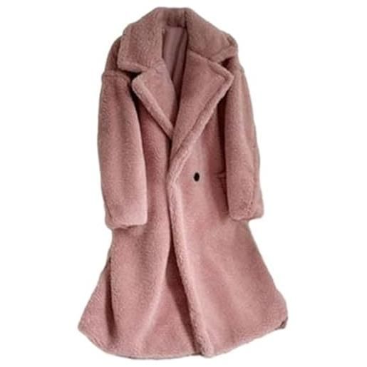 Valtorixia cardigan lungo da donna in pile con risvolto e bottoni in pelliccia sintetica con tasche, rosa chiaro, xs