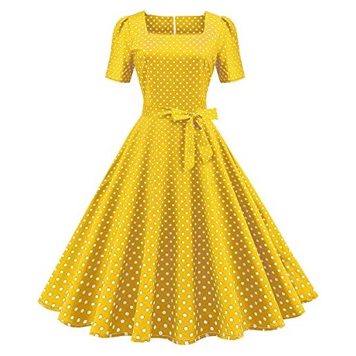 IMEKIS abito vintage da donna anni '50, stile polka a pois, stile retrò, rockabilly, swing, elegante, da cocktail, da festa, a maniche corte, lunghezza al ginocchio, giallo. , l