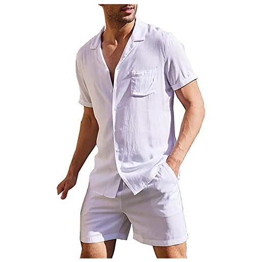 Generisch tuta estiva in lino per il tempo libero, traspirante, pantaloni corti, set di due pezzi, leggero, casual, scollo a v, a maniche corte, camicia, pantaloncini da uomo, tinta unita, pigiama, 