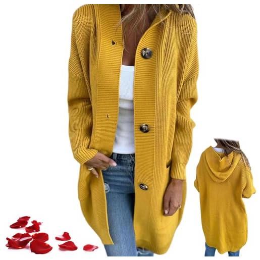 GAGFDA cardigan da donna in maglia con cappuccio, maglione da donna, autunno inverno, caldo, con bottoni, casual, a maniche lunghe, aperto sul davanti, cardigan lungo con tasche, giallo, xxl