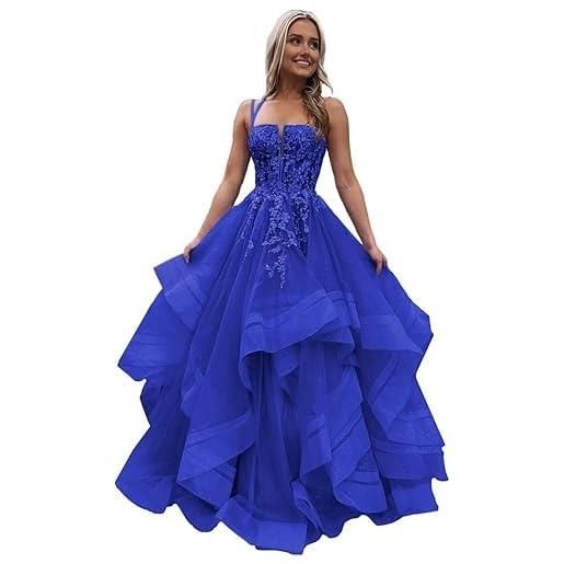 Generic abiti per ballo della scuola in tulle per adolescenti, abiti da ballo lunghi con applicazioni in pizzo, volant a strati, abiti da sera formali scintillanti, blu navy, xs