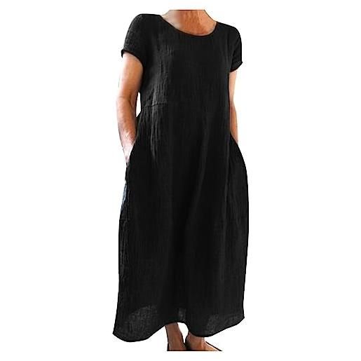PAIDAXING abiti da donna in lino abito lungo estivo a vestibilità larga, scollo rotondo, maniche a 3/4, con tasche, vita alta, cotone e lino, abito camicia da lavoro, a2-nero. , xxxl