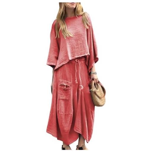 Generic set di 2 pezzi da donna con gonna casual, top a maniche lunghe, gonne midi irregolari, abiti coordinati con tasche, rosso, 5x_l