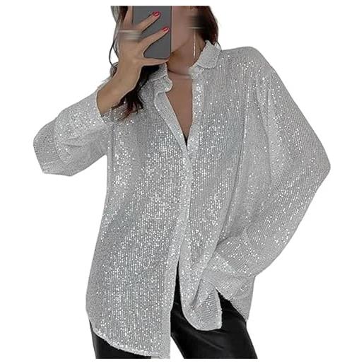 Generic camicie casual da donna alla moda con paillettes a maniche lunghe, colletto rovesciato, camicia aperta sul davanti, camicette larghe, albicocca, m