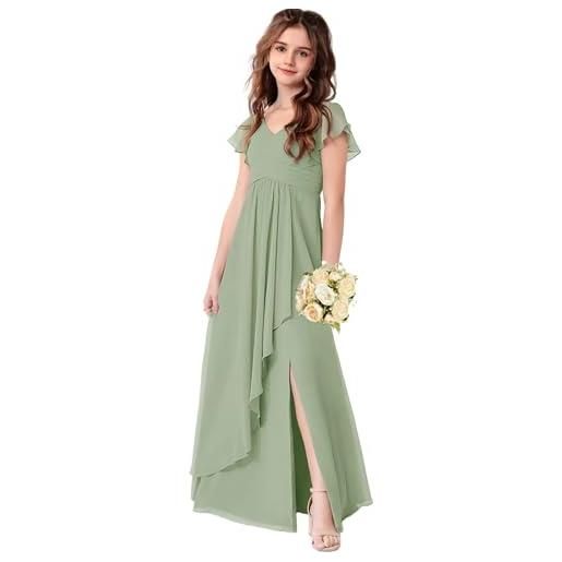 LECOYOYO chiffon junior abiti da damigella d'onore per ragazze maniche a ruffle abiti formali ospite nuziale scollo a v, a salvia verde, 12 anni