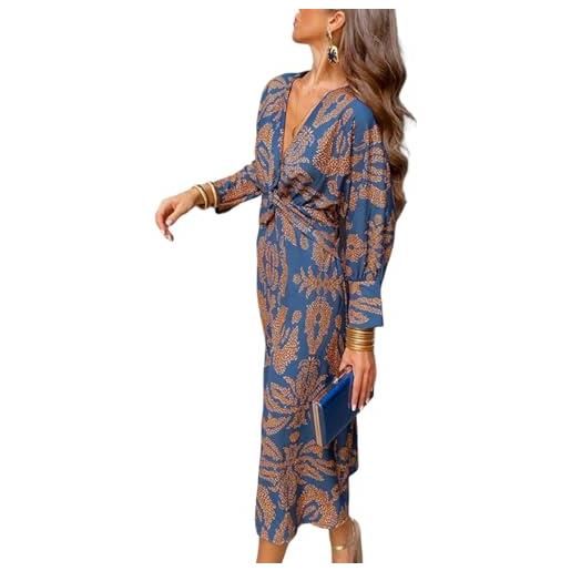 WANGHAIPING abito midi da donna blu a maniche lunghe con scollo a v, in misto cotone traspirante, vestibilità ampia, estate 2025(small)