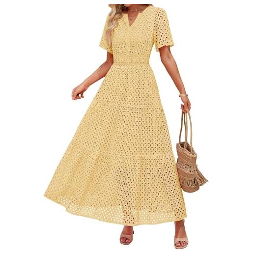 Goolecrimp vestito estivo da donna con scollo a v sexy casual da spiaggia a pieghe a maniche corte svolazzante alla moda formale da festa con nappa e corsetto lungo (giallo, l)
