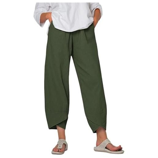 Generic pantaloni in lino di cotone per donna pantaloni capri casual estivi, pantaloni elasticizzati a vita alta a gamba larga, pantaloni a tulipano ritagliati in cotone, verde, xxl