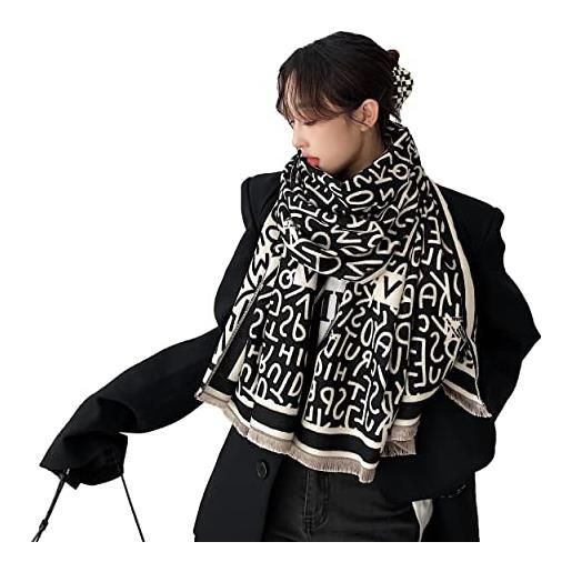 iCuviy grandi scialli pashmina e involucri per donna extra morbido cashmere al tatto tiro da donna sciarpe autunnali scialli e involucri per matrimonio, monogramma bianco e nero, large