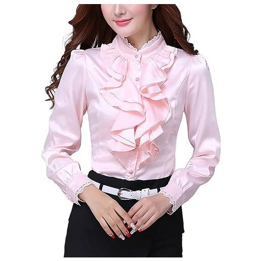 BININBOX camicia donna manica lunga elegante scollo con volant blusa primavera button-down shirt (rosa, l)