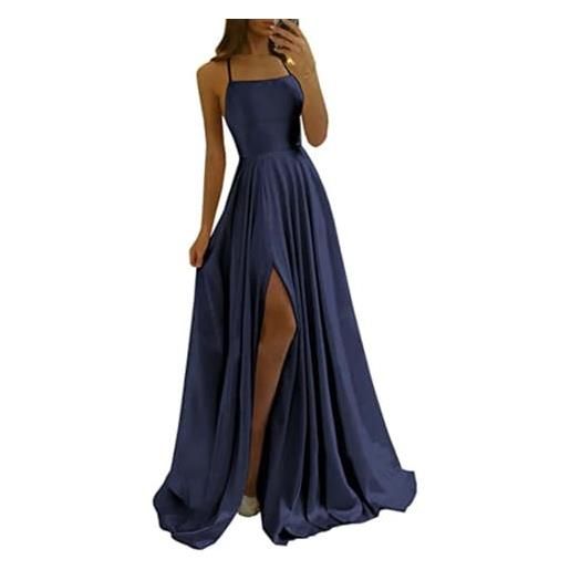 Generic abito da in tinta unita da donna abito con spacco sul davanti in chiffon scolpito con retro sexy abito lungo rosso elegante (navy, m)