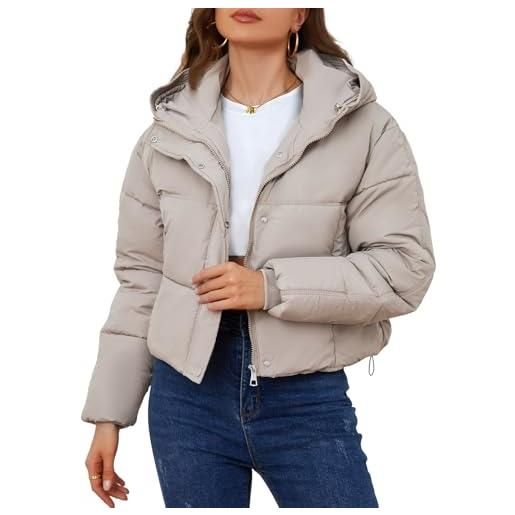 Yimoon piumino corto invernale da donna con cappuccio e cerniera corta trapuntata calda, beige, medium