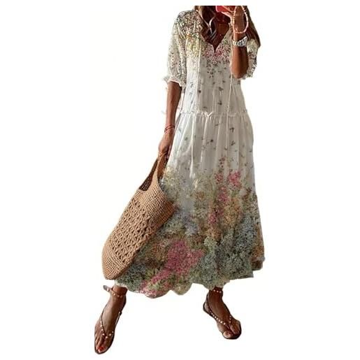 YYAZXSIQ maxi abito estivo da donna con scollo a v floreale e volant a mezza manica estivo casual spiaggia vacanza lungo abito, bianco-4, l