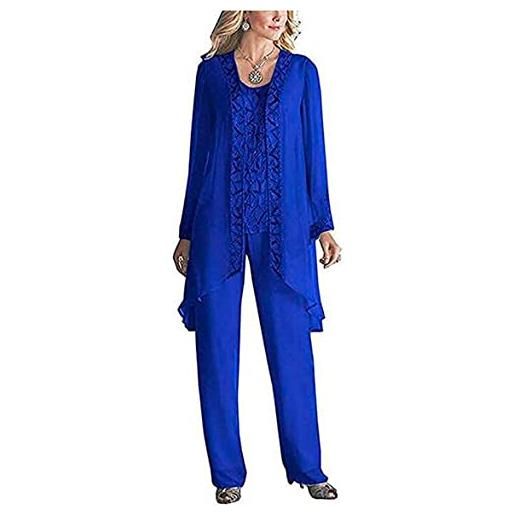 Botong abito da donna in chiffon, 3 pezzi, per madre della sposa, pantaloni con giacca con perline, abito da sera, blu reale, 56