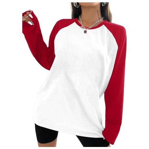Remidoo maglietta raglan da donna a blocchi di colore, a maniche lunghe, oversize, girocollo, casual, rosso e bianco. , large