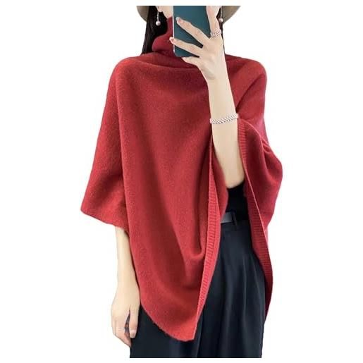 Fjnbbiot scialle primavera donne medio lungo coreano senza maniche casual lana lavorato a maglia dolcevita pullover cape, rosso mattone, taglia unica