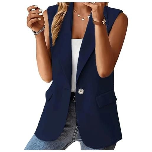 RWGSNB gilet donna elegante, gilet da donna blazer casual senza maniche gilet formale da lavoro versatile con revers gilet elegante da donna di media lunghezza gilet cardigan da donna con tasche blu