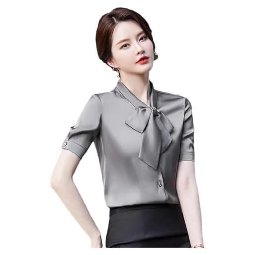 HEYDHSDC camicette da donna con scollo a v e fiocco, maniche corte, in chiffon, sottili, da ufficio, grigio, l