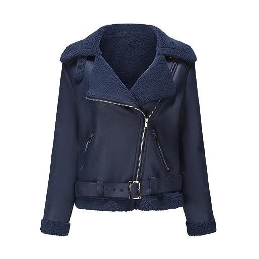 Lvguang giacca corta da donna in camoscio sintetico invernale parka in finta pellicia antivento giacca slim fit caldo giacca tasche con cerniera giubbotto (navy blu, 3xl)